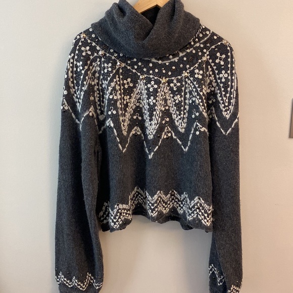 Free People Charcoal Turtleneck Sweater with Ivory Design - Picture 8 of 16